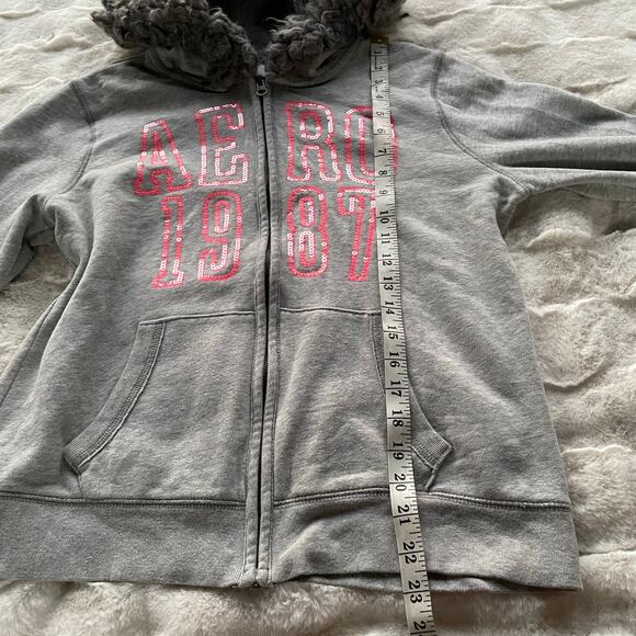 🔥Aeropostale Y2K Faux Fur Hood Sequins Spell Out Full Zip Gray Sweatshirt Sz XL - Picture 14 of 16